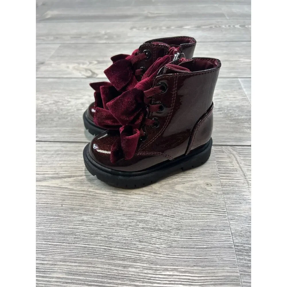 Cat & Jack Toddler Estes Shimmer Combat Boots Burgundy 5 NWT